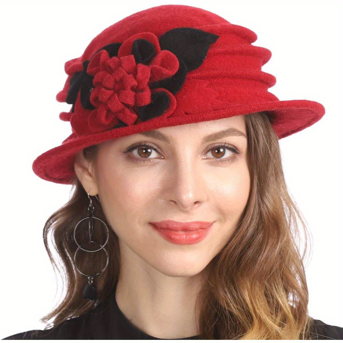 women 1920 wool vintage cloche bucket winter hat flower - Temu display picture 3