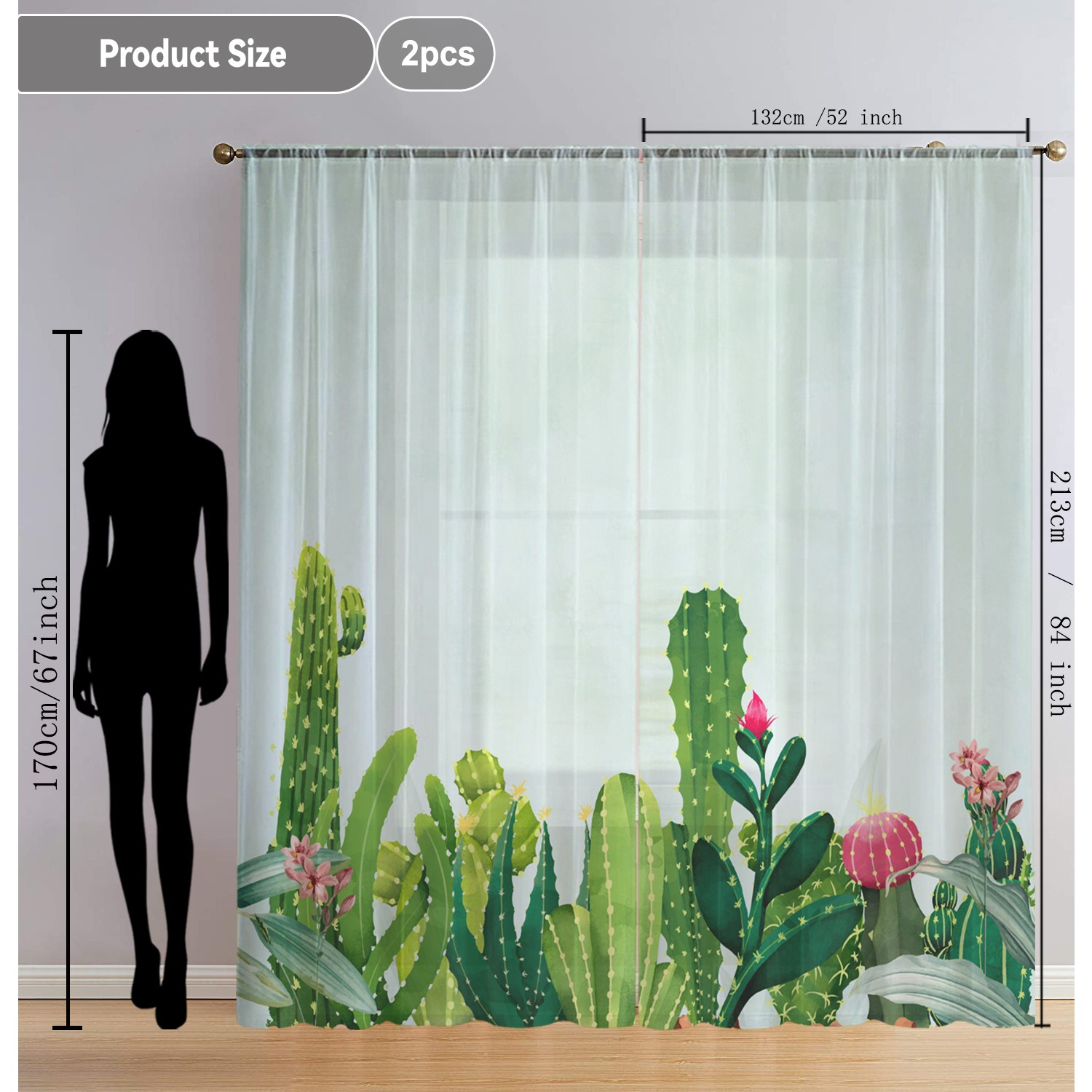 TEMU 2pcs Home Decoration Curtain Green Cactus Floating Window Curtain Suitable For Kitchen, Coffee Shop, Living Room, Dining Room, Balcony, Garden,