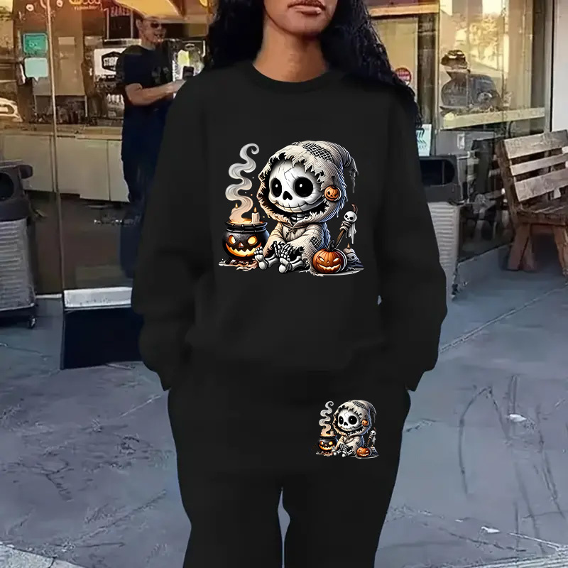 

Women's Plus Size Fashion Sweatshirt & Joggers Set - Casual Long Sleeve With Unique Skull Print, Crew Neck, Stretchy Polyester , Machine Washable