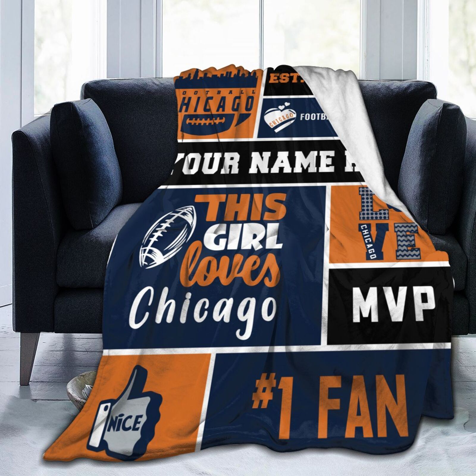 

Customizable Chicago Football Throw Blanket - Personalized Name, Perfect Gift For Fans & Sports Enthusiasts, Soft Flannel Bed Tapestry For All