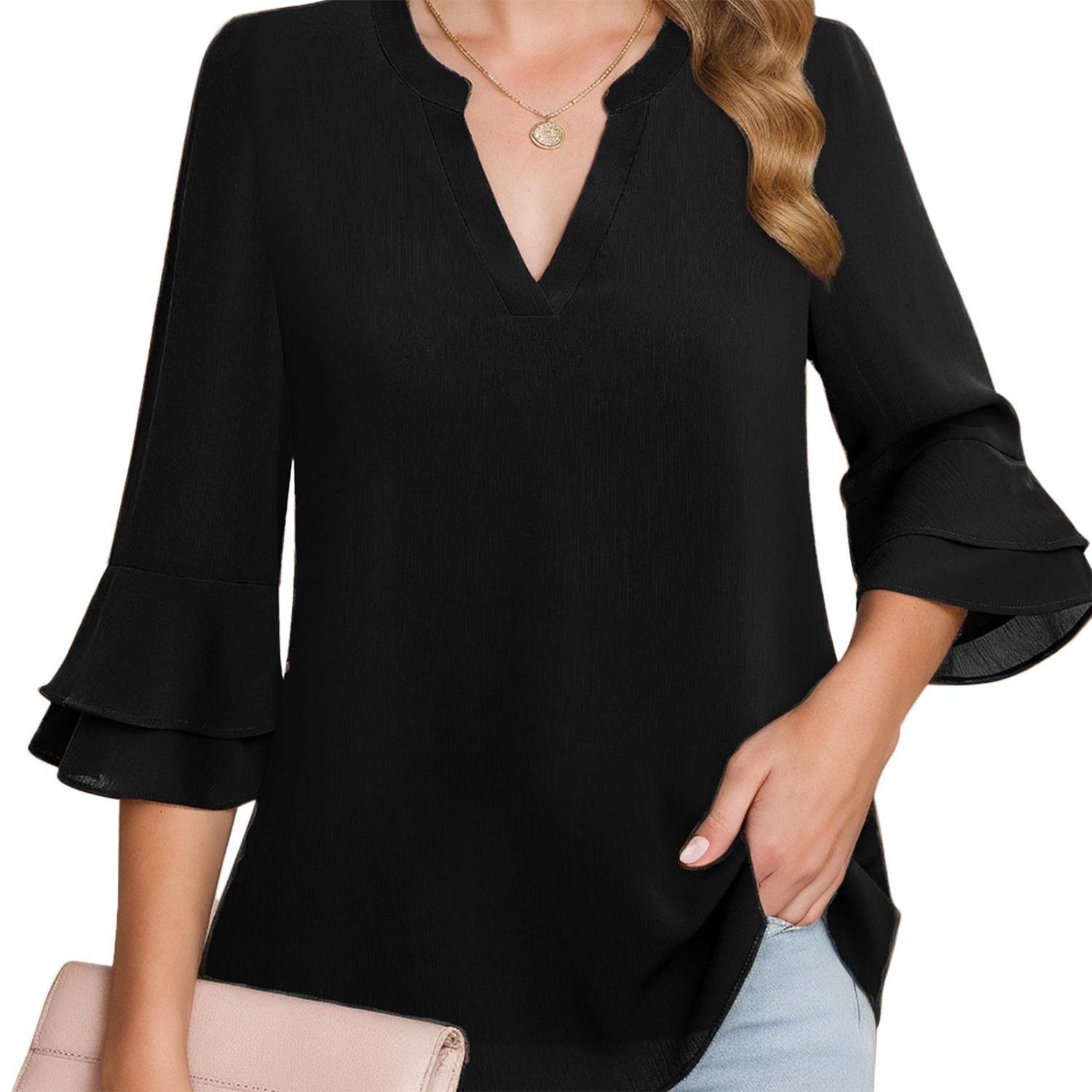 

Plain Color V-neck Blouse, Stylish Layered Bell Sleeve Top For , Women's Clothing