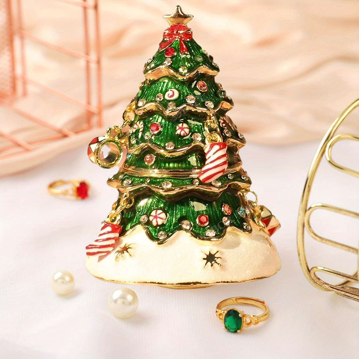 

1pc Christmas Tree Trinket Box Enamel Hinged Hand Ring Holder Jewelry Storage Organizer Ornament Craft For Home Decor