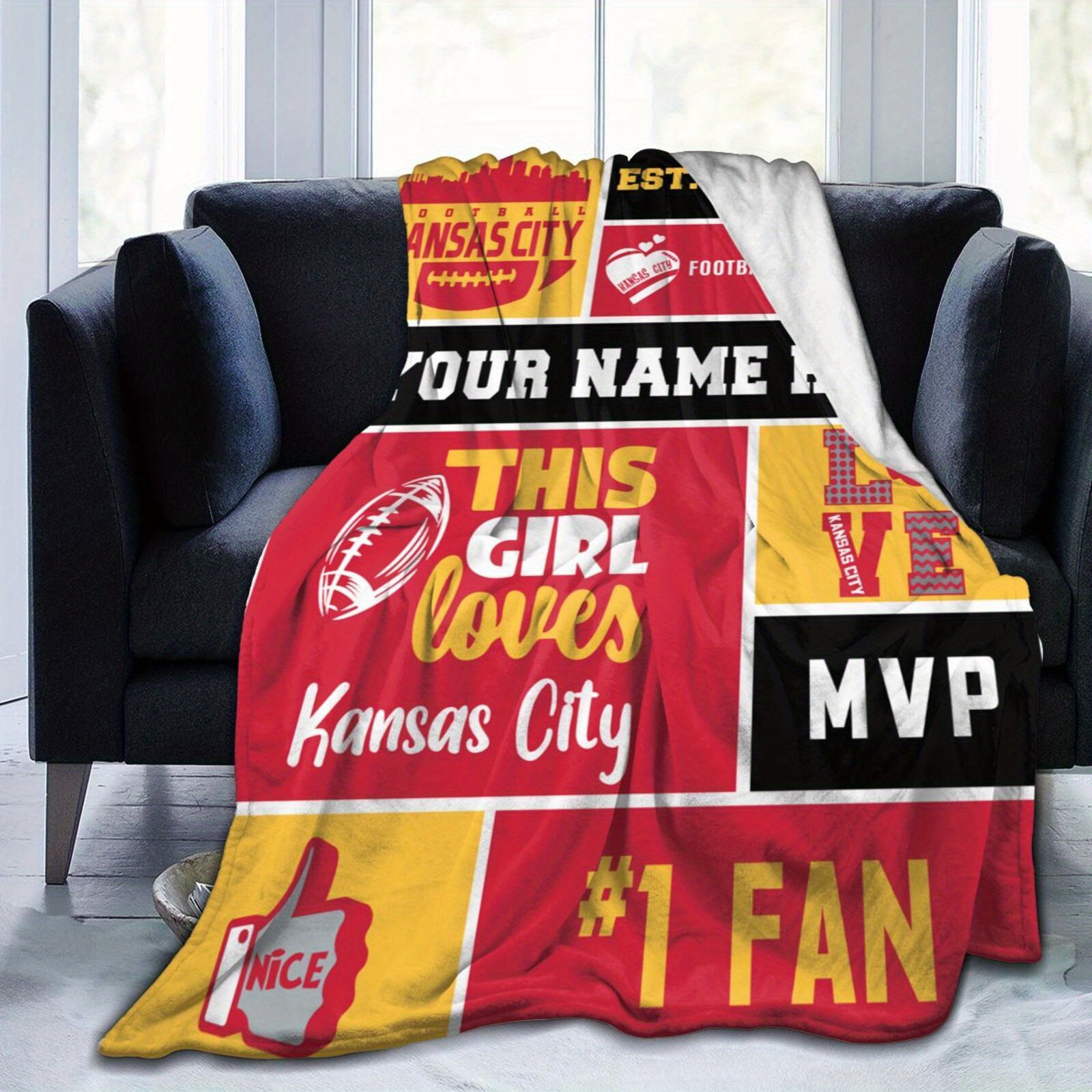 

1pc Customizable Theme Fleece Blanket, Personalized Name, Polyester Knitted Throw For Sofa Bed, Football Fan Gift For Men, Women, Teens - Rectangular, No Power Needed