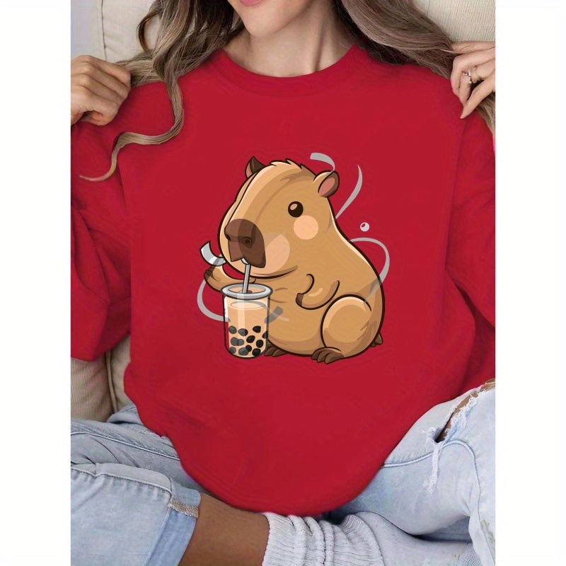 

Sweatshirt Confortable pour Femmes avec de Capybara et Thé - Col Rond Décontracté, Polyester Non Extensible, Lavable en Machine - pour /Hiver