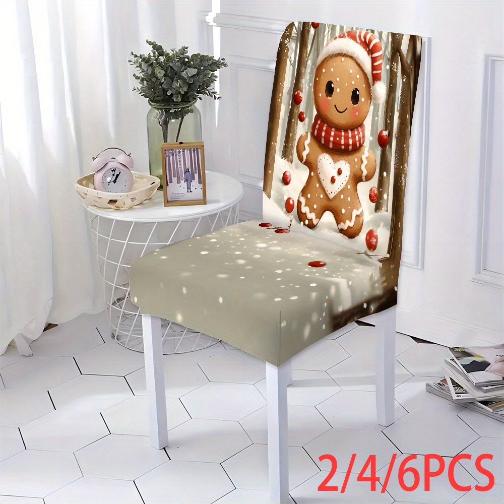 

2/4/6pcs Christmas Gingerbread Man Print Chair Covers, Seat Covers, Polyester Fabric, Easy , Stretchy With Straps, For Living Room Kitchen, Home Decor