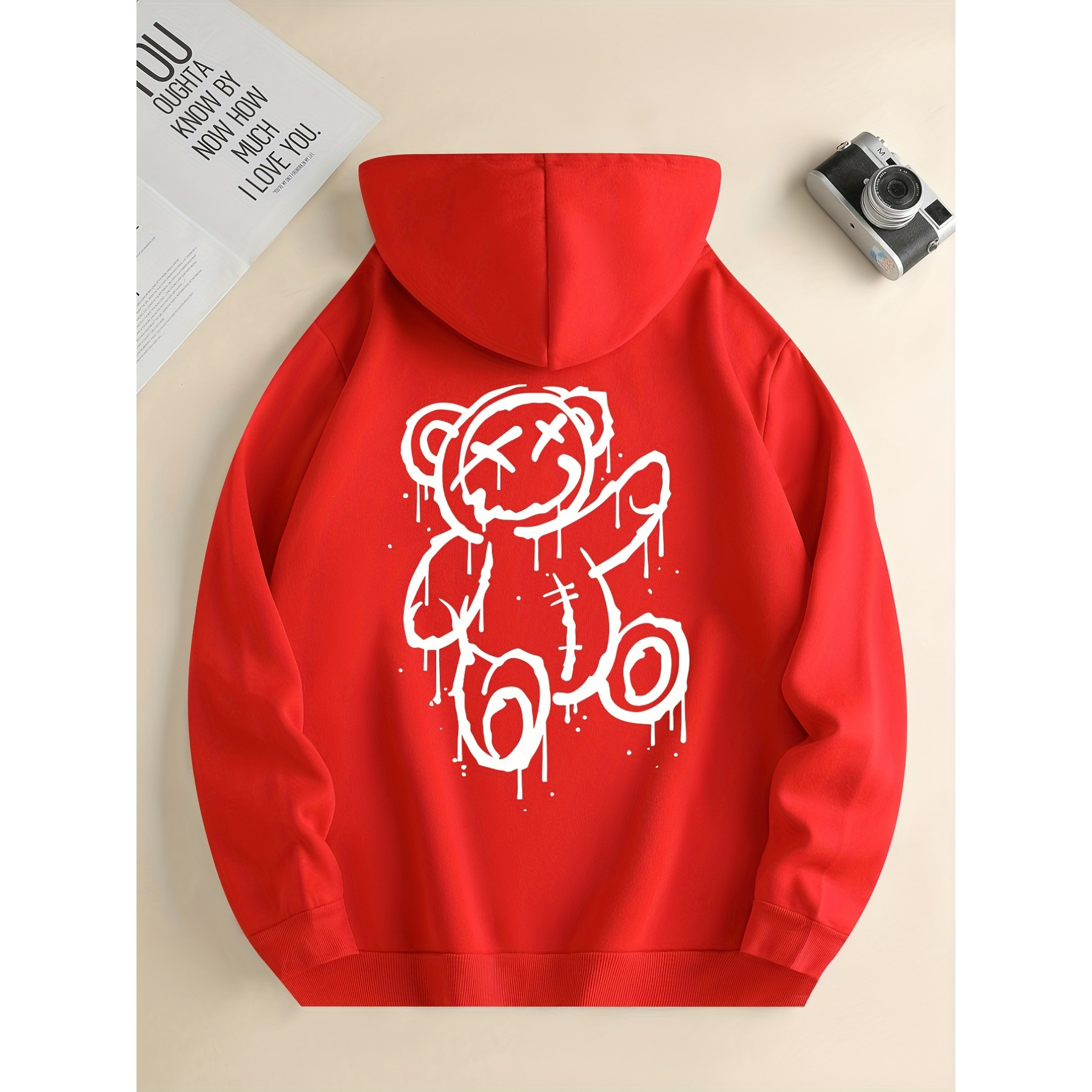 

Cartoon Bear Pattern Hoodie With Kangaroo Pocket, Men's Casual Stretch Pullover Hooded Sweatshirt