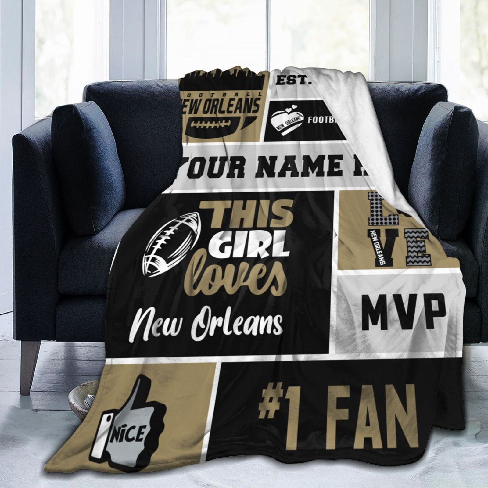 

Customizable New Orleans-themed Blanket With Personalized Name, Knit Fabric Polyester Throw For Sofa & Bed, Ideal For Men, Women, And Teens, Sports Fan Gift – Use Without Power, Rectangular Shape