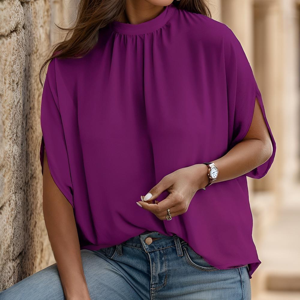 

Batwing Sleeve Mock Neck Blouse, Elegant Solid Color Tie Back Blouse For , Women's Clothing