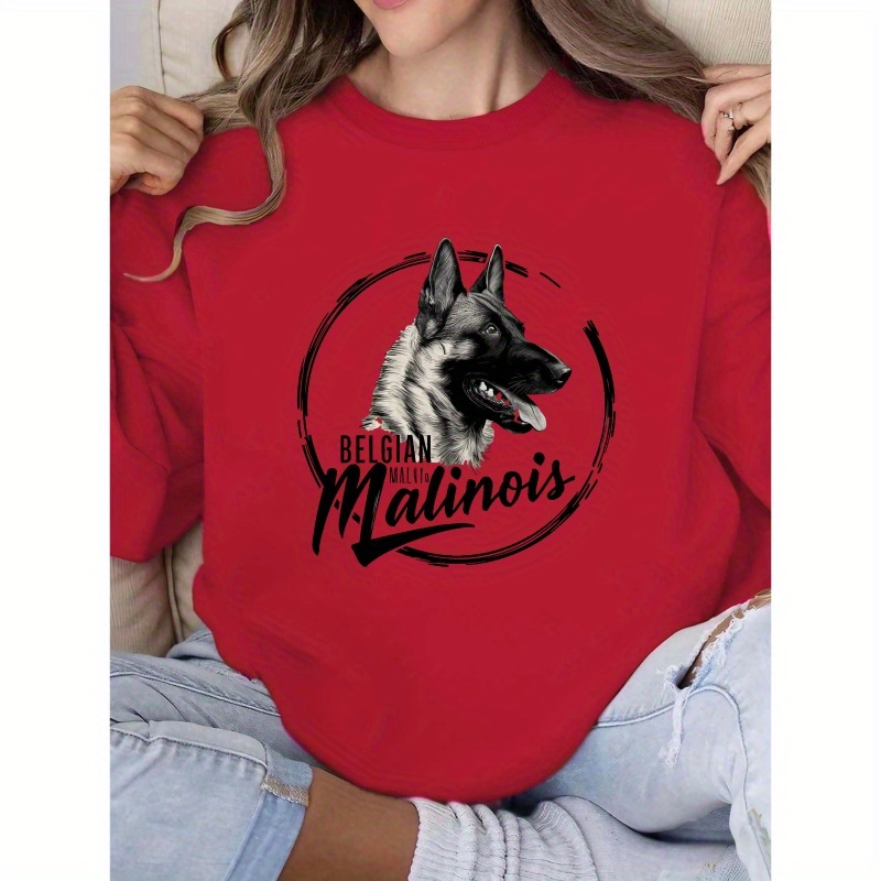 

Sweatshirt pour femme avec imprimé de chien de race belge, col rond 100% polyester, motif géométrique, tissu tricoté décontracté, longueur régulière, haut automne/hiver, 250gsm