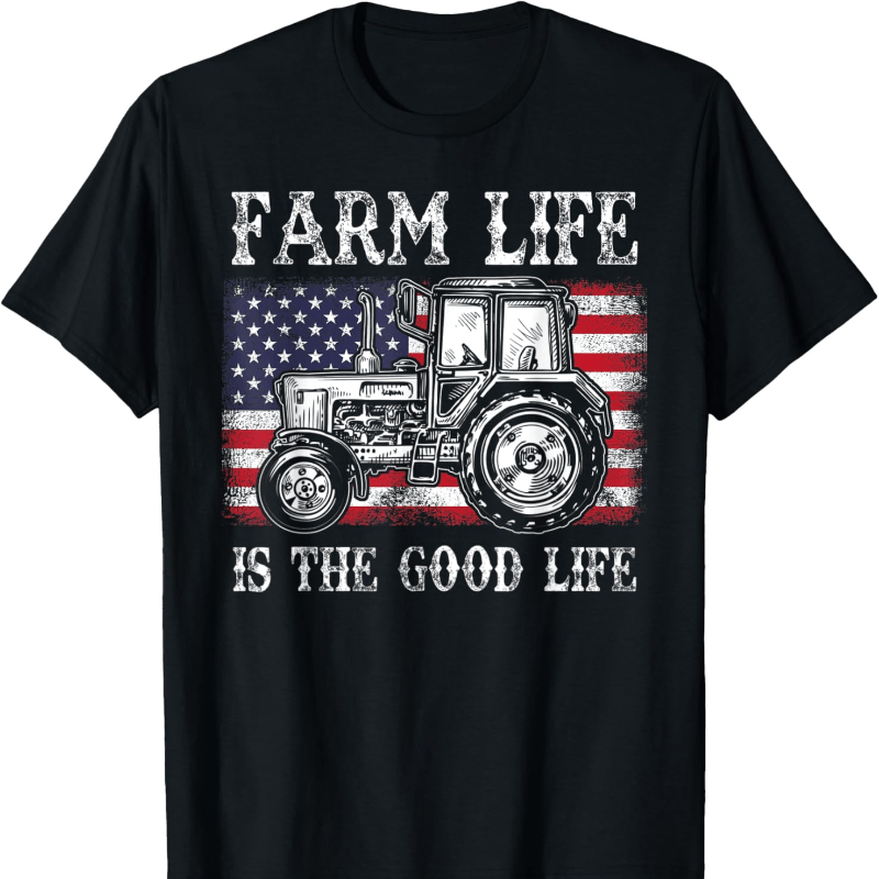 

Is Life Tractor Farmers American Flag T-shirt Soft Breathable Mens Print T-shirt Cotton