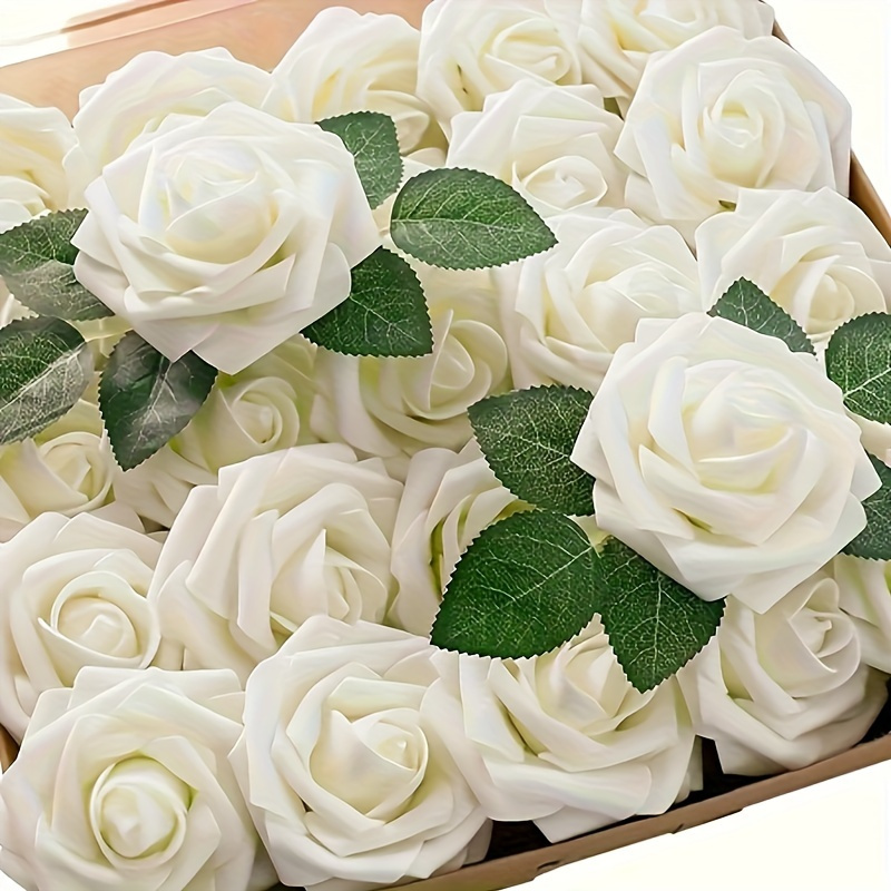 TEMU 27pcs 25 Flowers +2 Leaves Artificial Roses Flowers, Ivory Fake Roses For Decoration Diy Wedding Bouquets Centerpieces Bridal Shower Party Valentine's Day Christmas