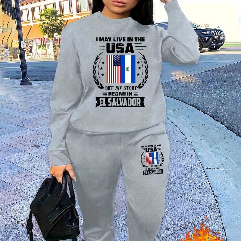 

Casual Scoop Neck Knit Polyester Tracksuit With Patriotic Graphic For - Comfortable 100% Polyester Loungewear Set With Usa And El Salvador Emblem Print