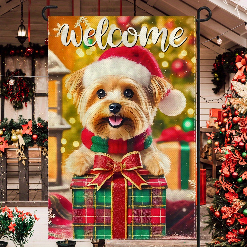 

Christmas Yorkshire Terrier Puppy With Santa Hat - Double-sided Garden Flag, 12x18in, Polyester, Outdoor Holiday Decor, No Flagpole Included