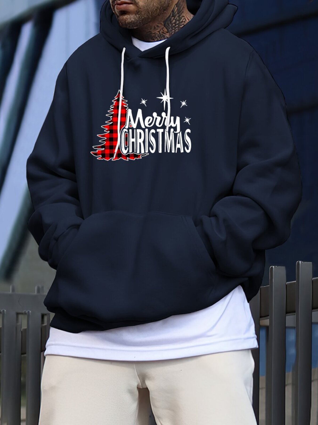 Weihnachtspullover für Herren mit Kapuze, lässiger Kapuzenpullover aus  Polyester-Strickstoff mit Fronttasche, Regular Fit Holiday Top, Plus Size