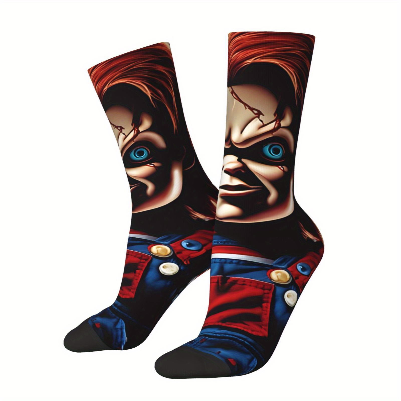 

1 Pair Chucky Inspired Socks - Retro Hip Hop Style, Novelty Crew Socks With Cartoon Print, Breathable & Comfortable, Perfect Gift For Men & Boys