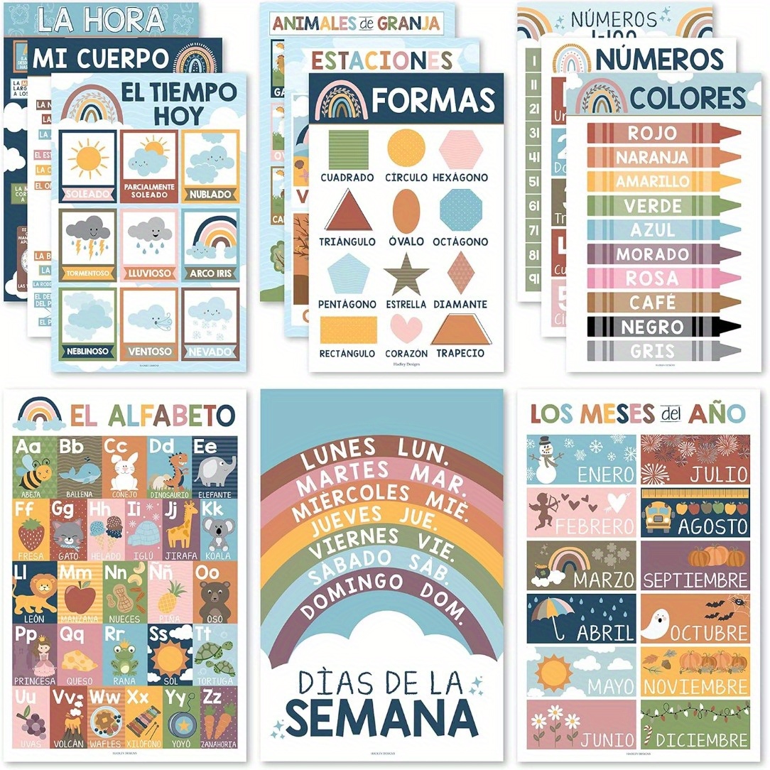 

12pcs Boho Spanish Posters, 8x10 Inches, Educational Alphabet & Calendar Themes, Classroom Decor, Spanish , School Supplies, Supplies, Office Supplies