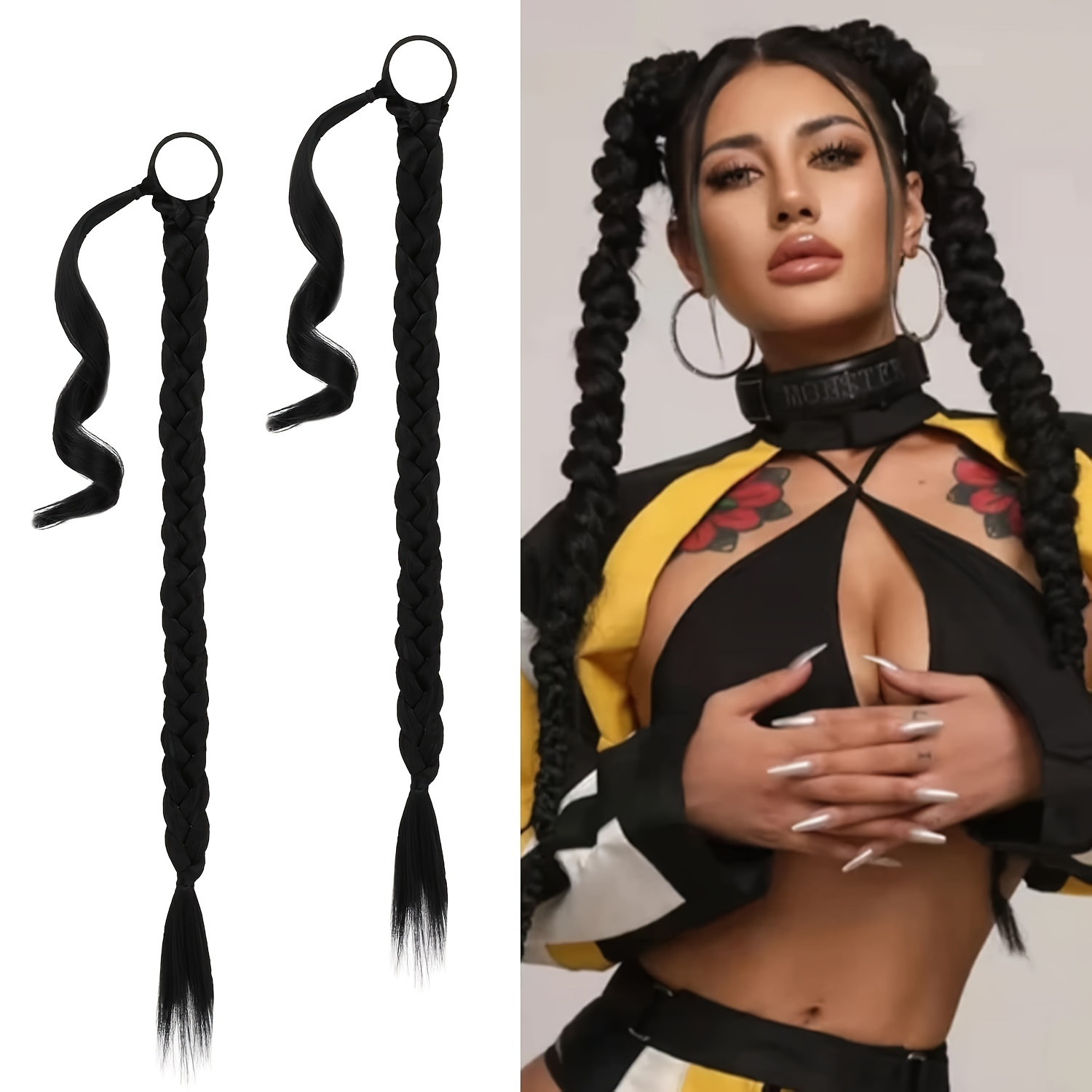 2pc 30 inch long braided ponytail extension soft natural looking diy wrap around hair piece with hair tie straight synthetic hair for women and girls details 2
