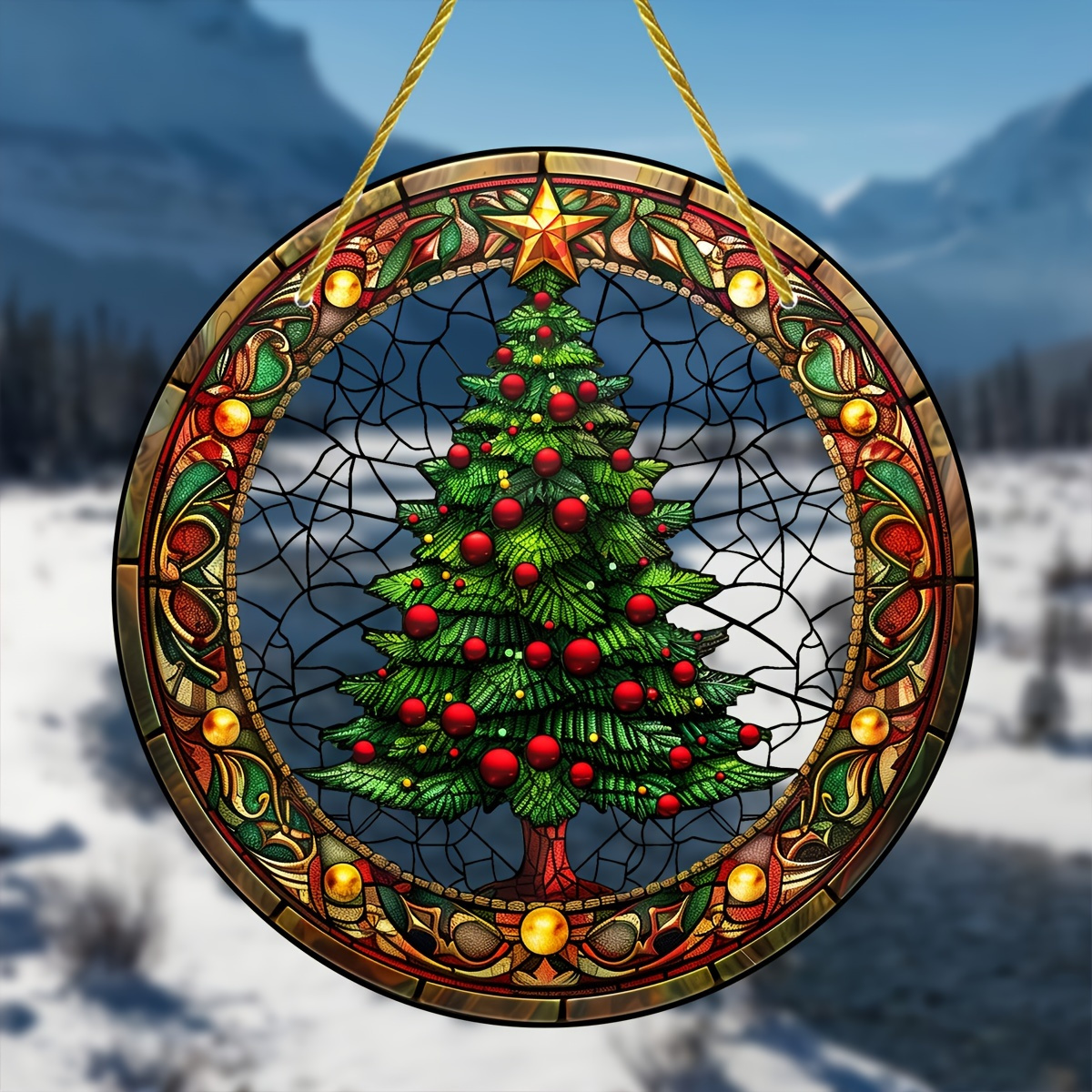 

Christmas Tree Stained Glass Suncatcher - 8" Round Acrylic Window Hanging Decoration For Holiday And Decor, Perfect Gift For , With Nylon Rope And Rubber Sleeve Protection