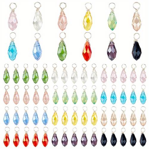 72pcs 12 color transparent glass facted teardrop charms with plated copper wire wrapped findings mixed color