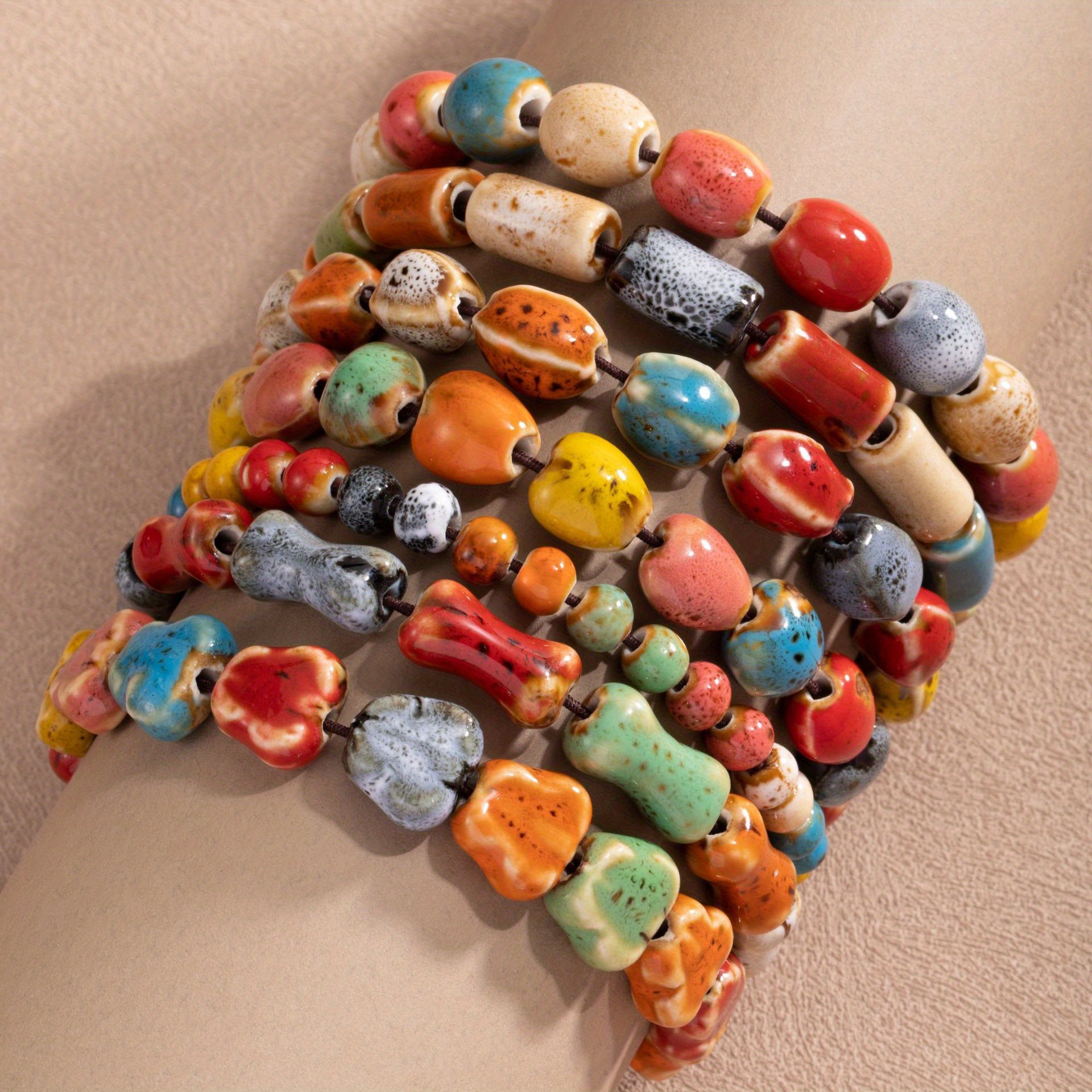 TEMU 7pcs Of Hand- Ceramic Simple Mixed-color Round Bead Bracelet For Women, Retro Ethnic Style Bead Bracelet Set, Suitable For Daily Wear