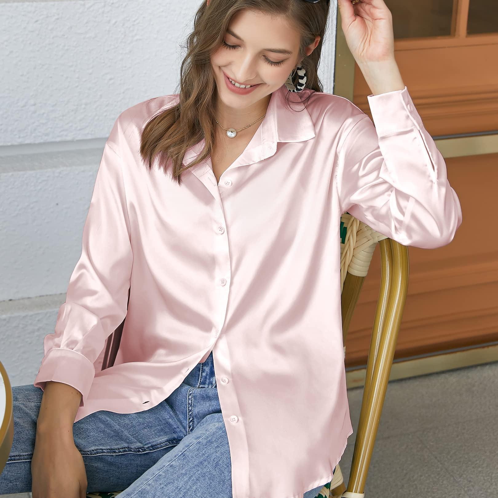 

Elesol Button Up Satin Shirt, Elegant Collared Long Sleeve Office Shirt, Women's Clothing