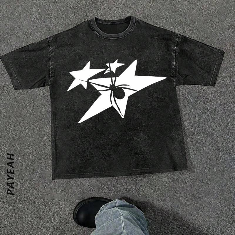 

Streetwear Y2k Spider Star Tshirt Men Punk Gothic Washed T-shirt Washed T-shirt Retro Stylish Hip-hop Style