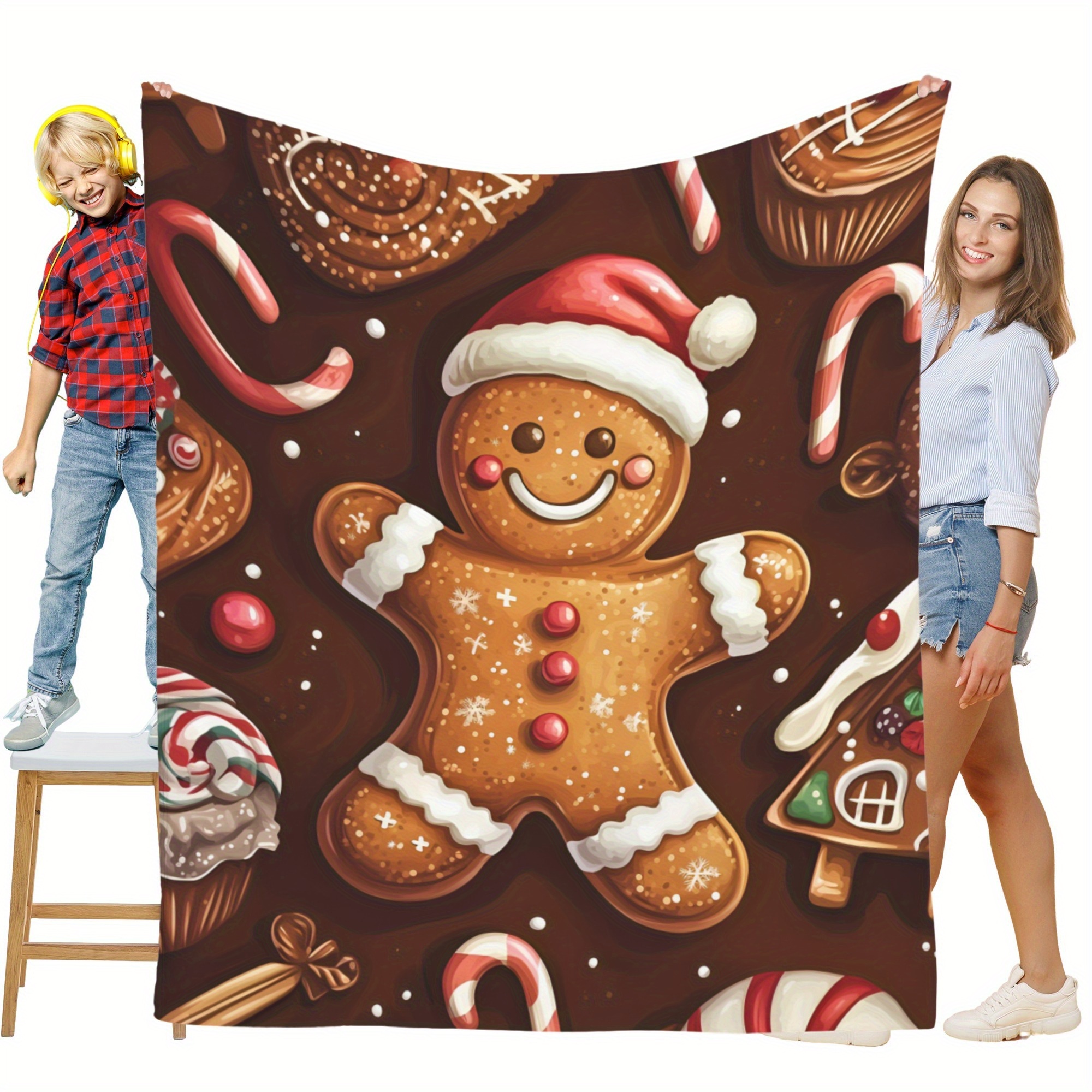 

Dark Brown Digital Printed Blanket, Christmas Flannel Blanket, Giant Cartoon Gingerbread Man Pattern Blanket, Cute Holiday Decoration Blanket, Winter Blanket, Nap Blanket