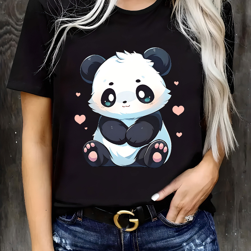 

Plus Size Graphic T-shirt With Panda Print - Polyester Blend Knit Fabric, Elastane Stretch, Crew Neck, Short Sleeve, Casual Pullover For Women