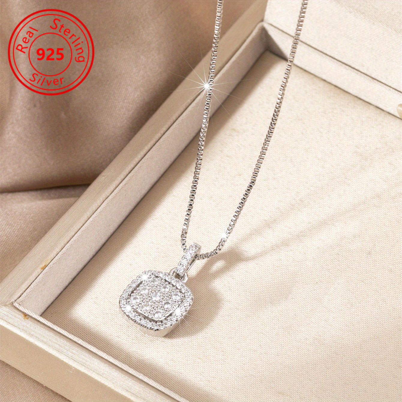 TEMU 1pc Elegant And Exquisite Square Pendant - Women's Luxury 925 Sterling Silvery Necklace, Wedding Party Jewelry