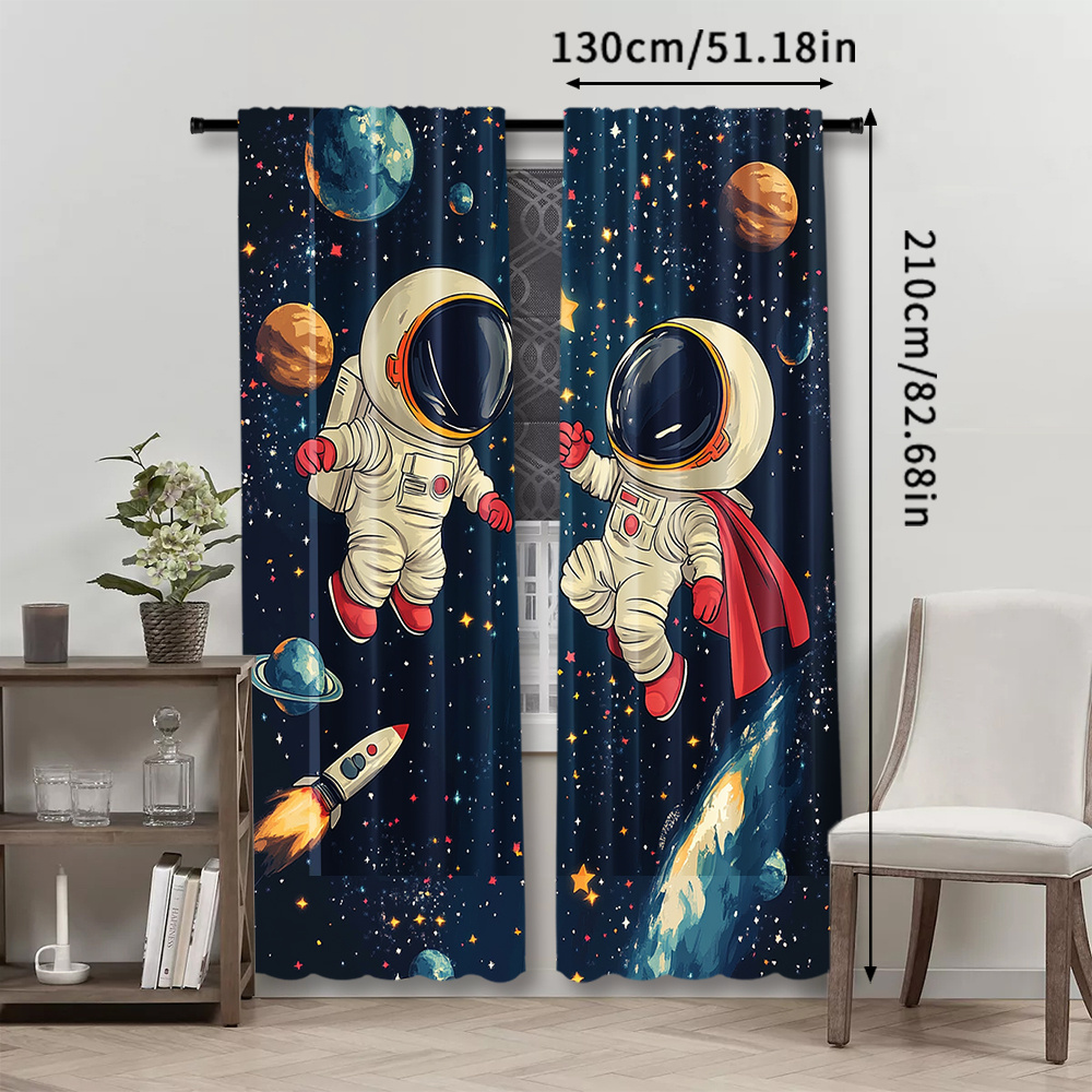 TEMU 2pcs Space Astronaut Window Curtains, 100-120g Polyester, Rod Pocket Drapes, Contemporary Style, Spring Sublimation Print, Seasonal, Decorative,