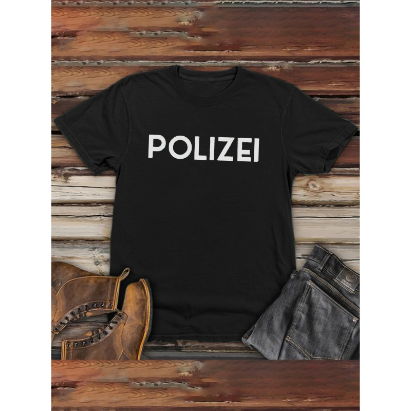 

Men's Casual Polyester T-shirt, "polizei" Print, Short Sleeve, Round Neck, Regular Fit, Summer Fashion Top, Knit Fabric, Adult Size, Outdoor Wear