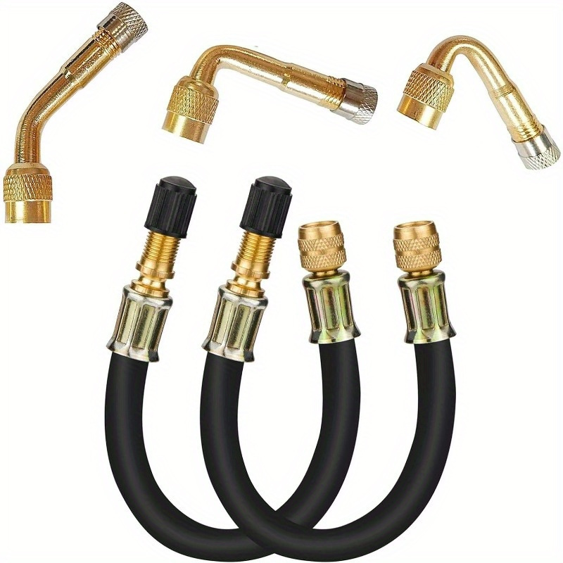 

5pcs Universal Tire Valve Extension Kit, 2 Flexible 8.25" Hose Extensions And 3 Brass Adapters At 45°, 90°, 135° For Rv, Bicycle, Motorcycle - Metal Extension Set