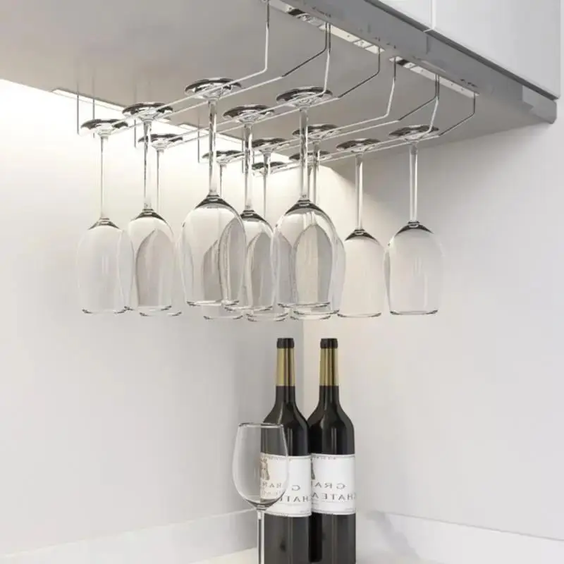 1 pc metal stemware rack for under cabinet storage multipurpose high footed glass holder for home bar and kitchen dining area ceiling mounted hanging glass organizer details 5