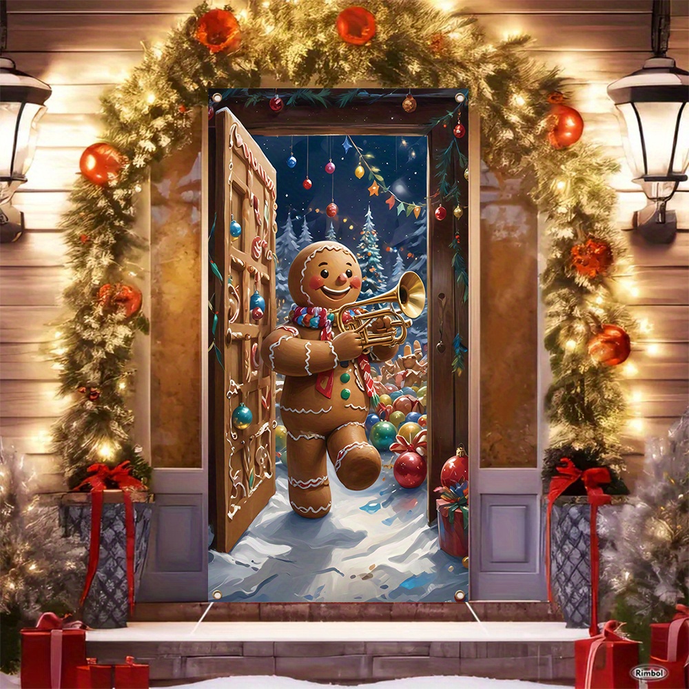 

Festive Christmas Door Hanger: Garland With Gingerbread Man Playing Trumpet, 90cm X 35.4cm, Suitable For Indoor/outdoor Use, Polyester Material, Christmas, New Year, And Winter Decorations