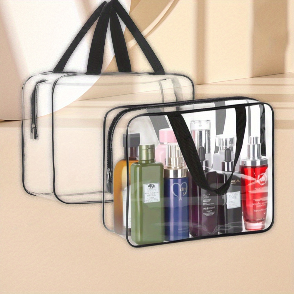 

2pcs Transparent Pvc Tote Bags With Black Zipper - Waterproof & , Easy-clean Cosmetic And Toiletry Organizer Handbags For Travel, Gym, Work, And Everyday Use, Toiletry Travel Bag