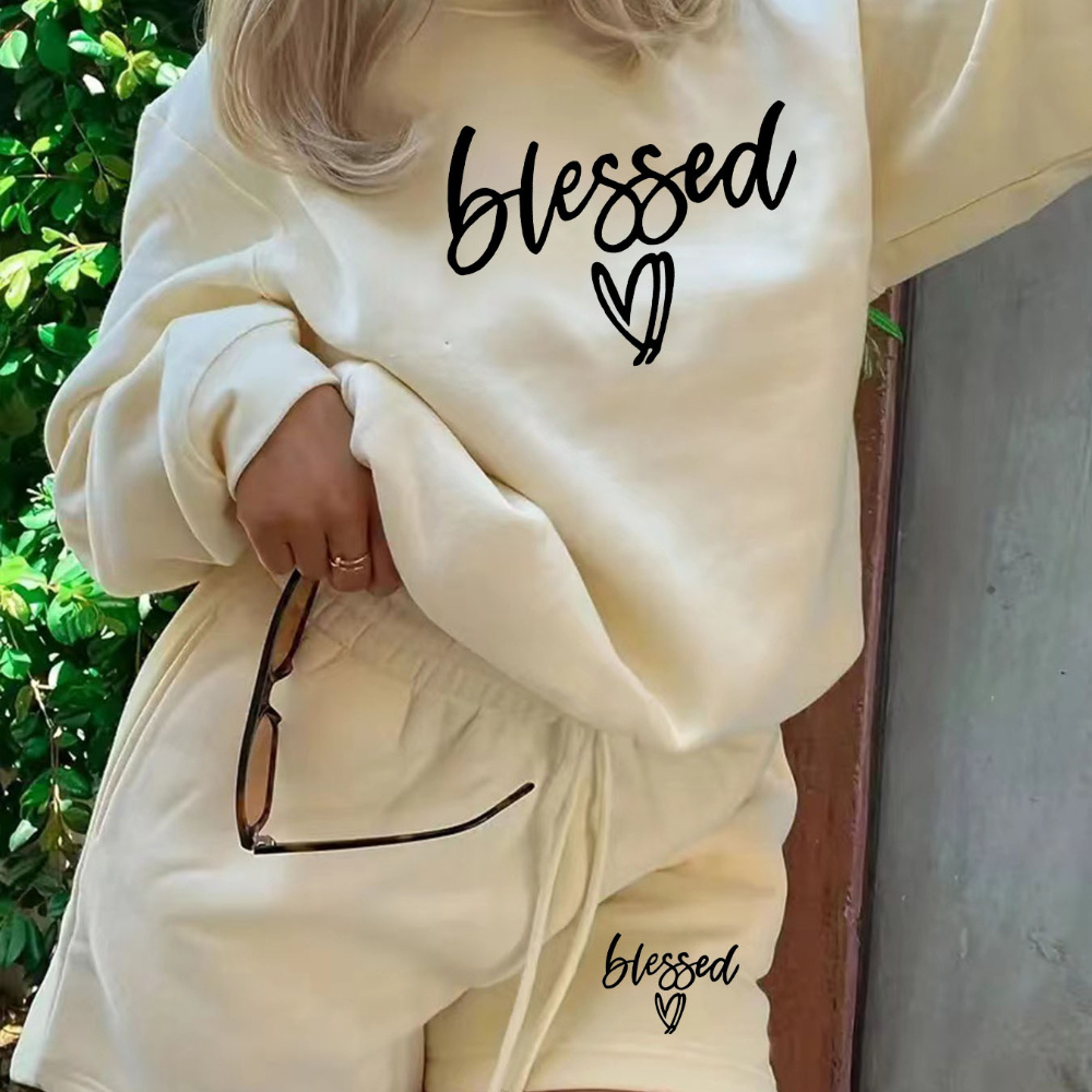 

Blessed Graphic Neck Sweater And Shorts Set, Casual Polyester Knit Two-piece Loungewear, Long Sleeve Pullover With Pockets And Drawstring Shorts Ensemble