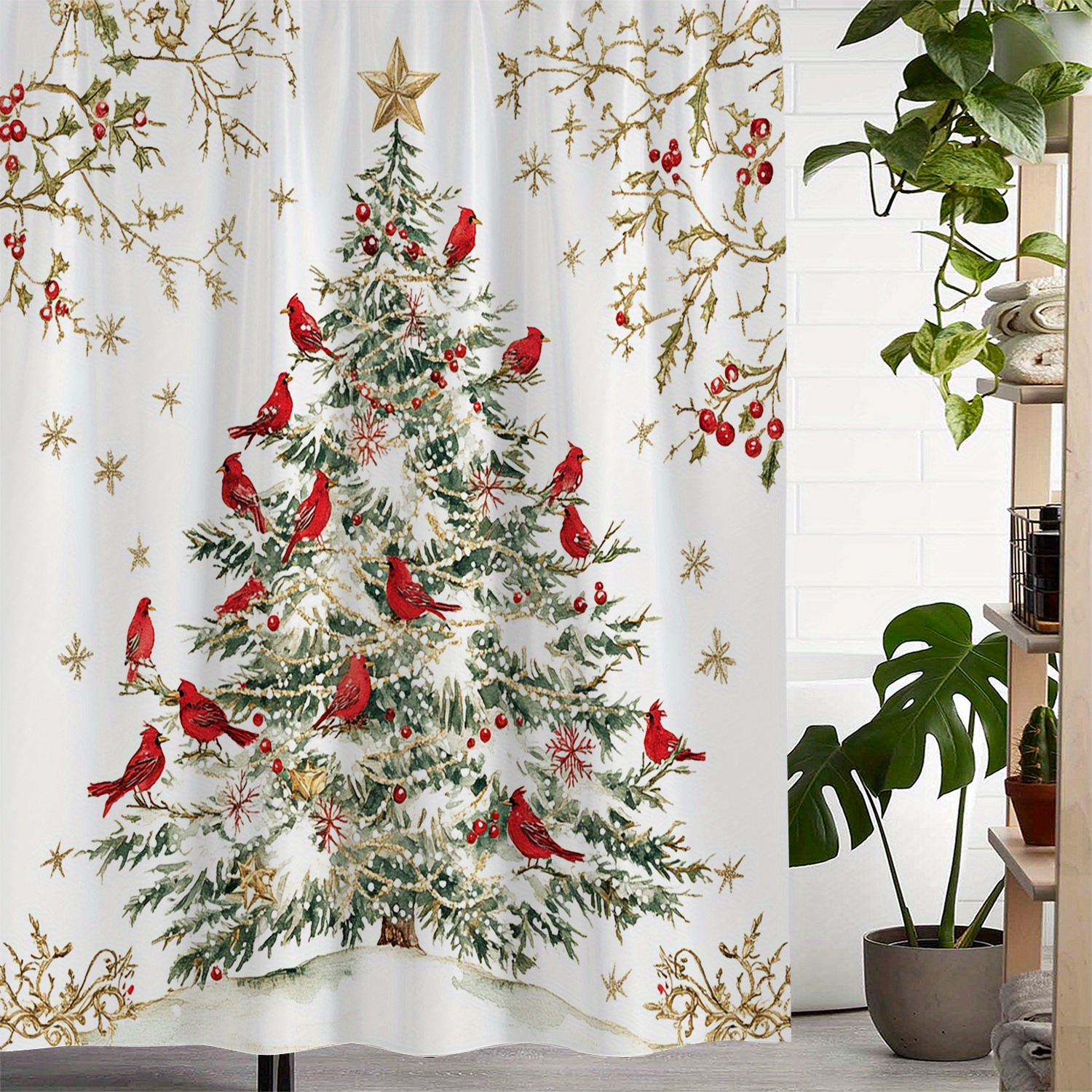 

Festive Christmas Tree Shower Curtain With Birds - Waterproof, 72"x72" / 183"x183", Includes 12 Hooks - Windows And Bathrooms