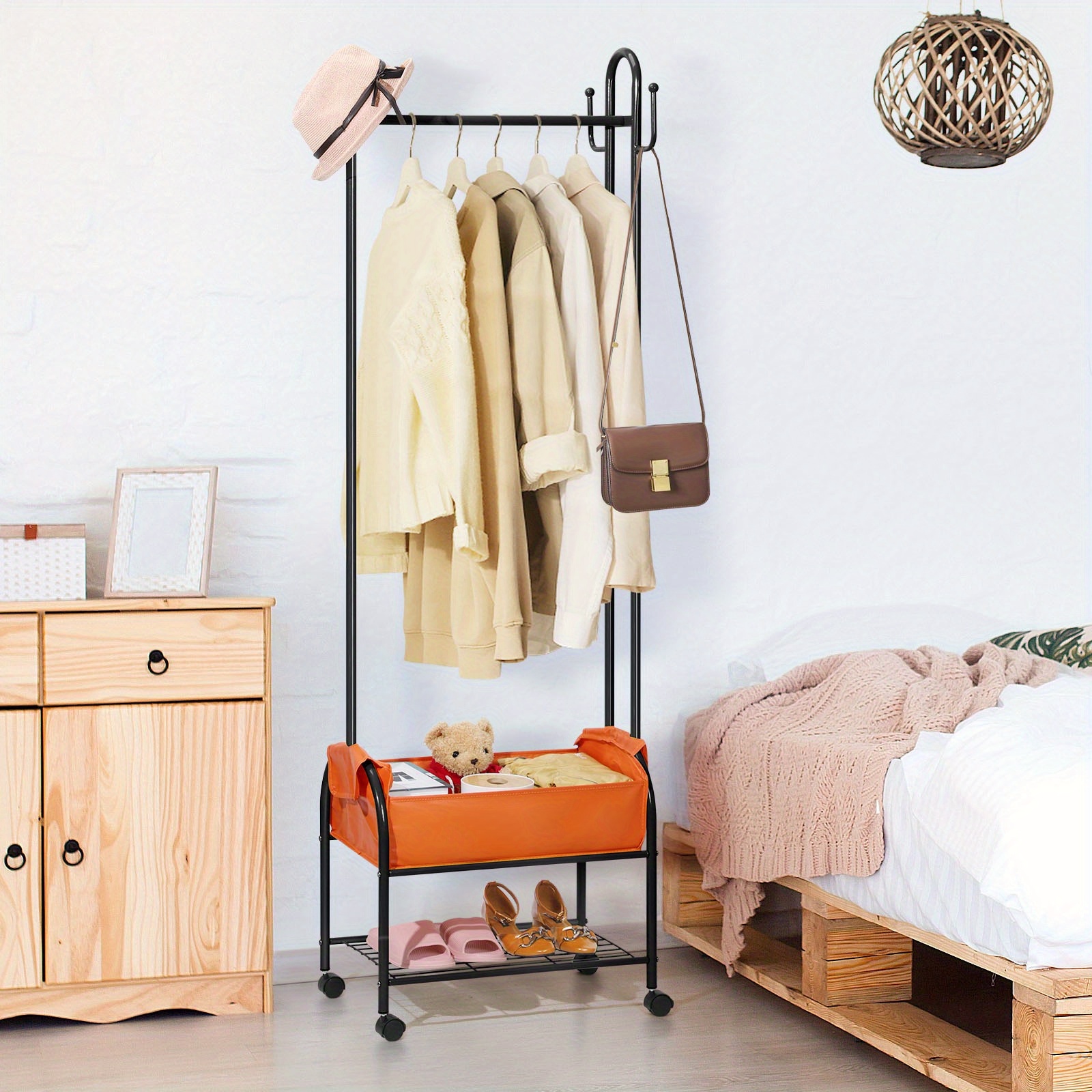 

Rolling Clothes Rack With Hooks & Storage Shelves, Clothes, Hats, Bags Storage Rack, For Home, Bedroom, Retail Stores.