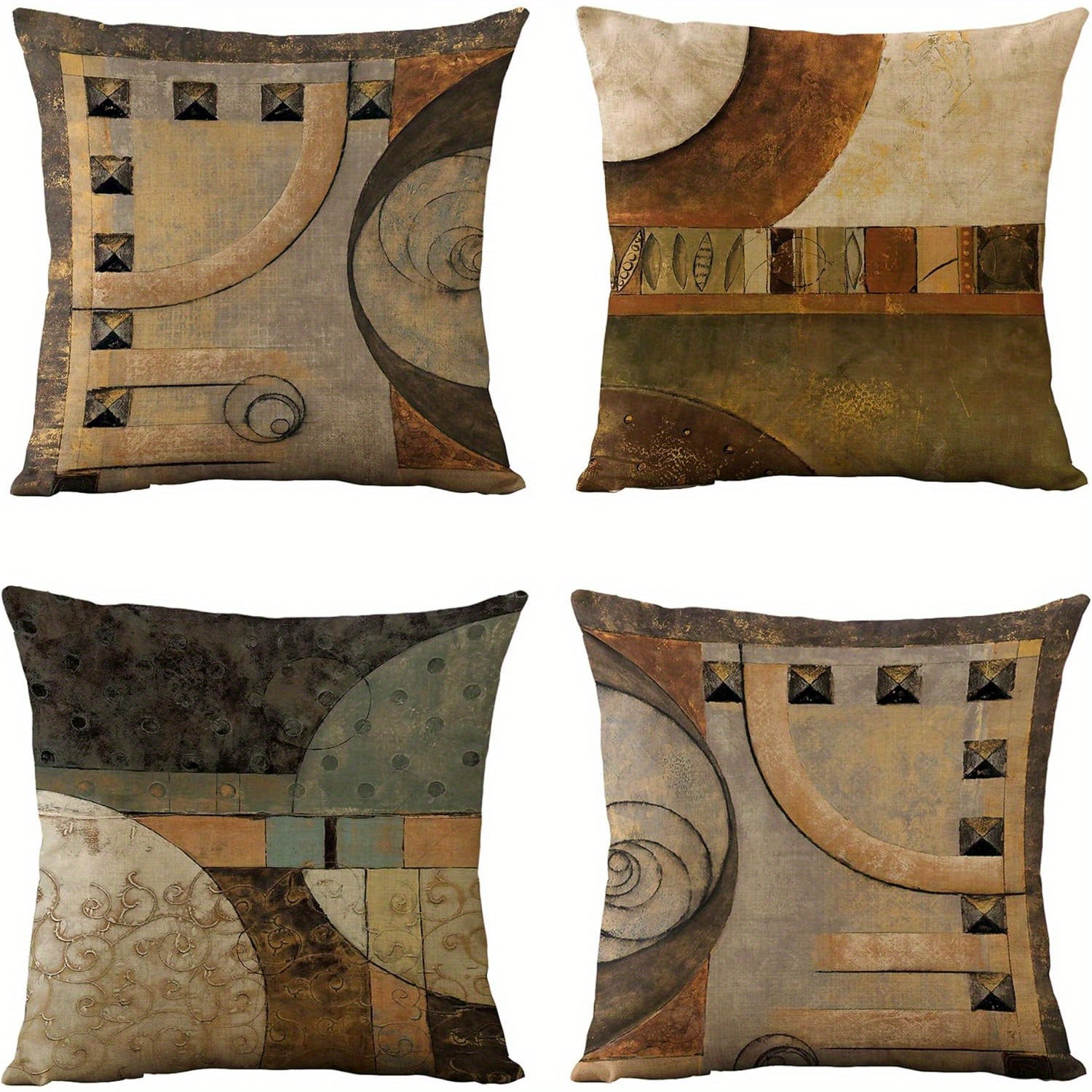 

Set Of 4 Vintage Geometric Throw Pillow Covers, 18x18 Inches - Zippered Polyester Cushion Cases For Living Room, Sofa & Bed Decor (brown)