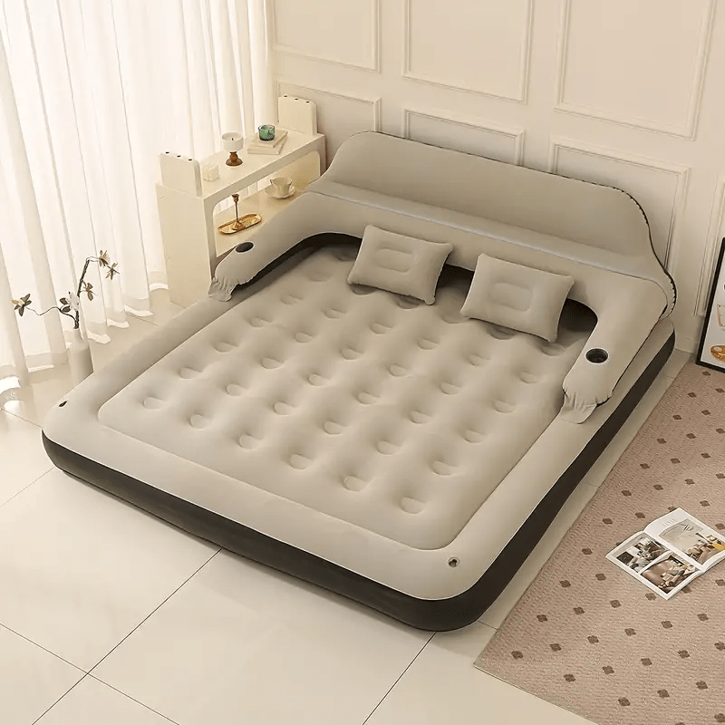 TEMU Mattress With Headboard And Pillows - Quick Inflate/, Includes Built-in Pump, Soft Flocked Top For At Home Or Camping