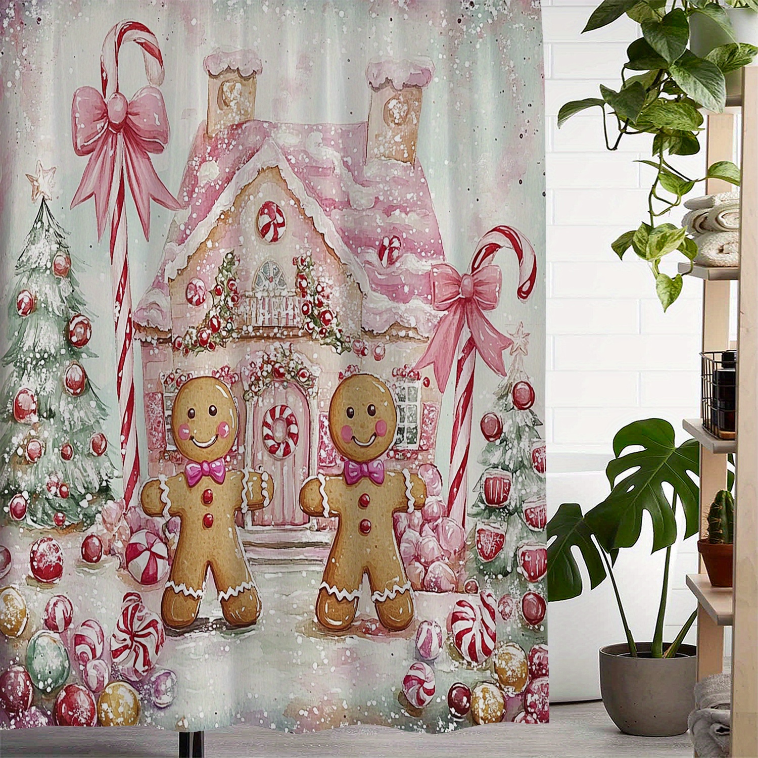 

Gingerbread Christmas Bath , Waterproof Polyester Weave With Artistic Print, Includes 12 Hooks, Machine Washable