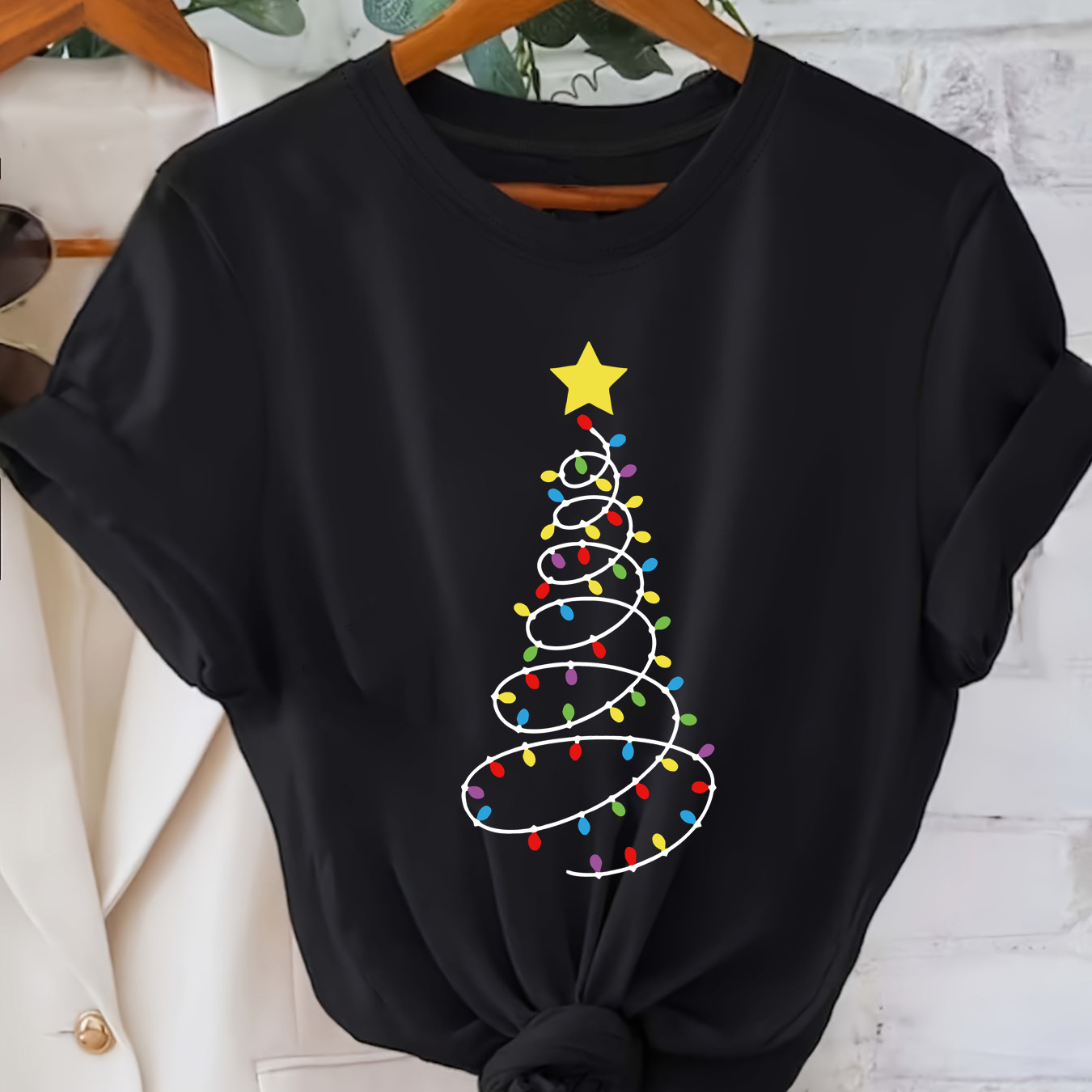 

Women's Festive Christmas Tree Print T-shirt - Casual Crew Neck, Short Sleeve Top For , Stretchy Polyester , Machine Washable, , T-shirt, Short Sleeve, Casual Top