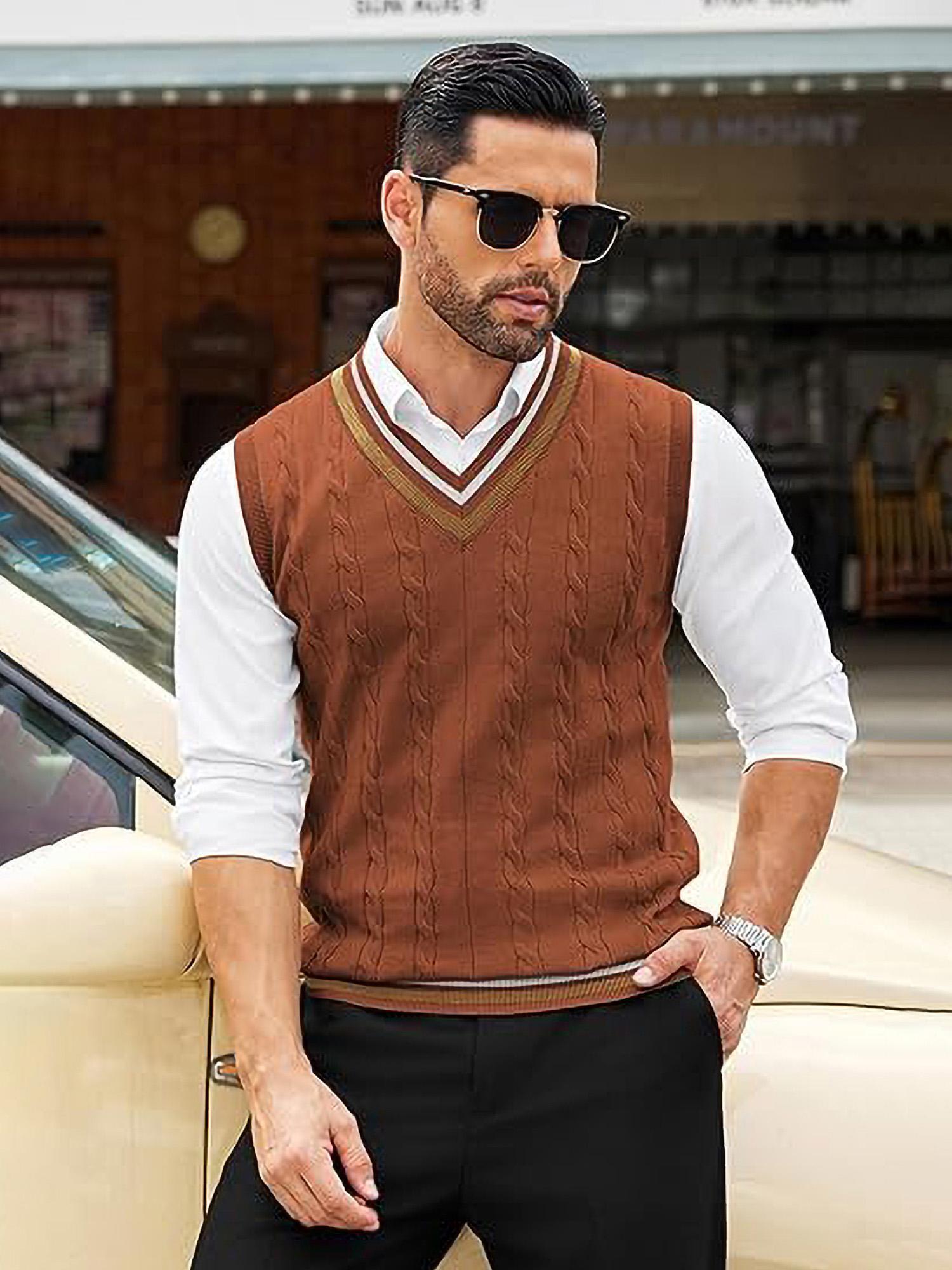1pc mens casual v neck sweater vest polyester knit fabric - Temu