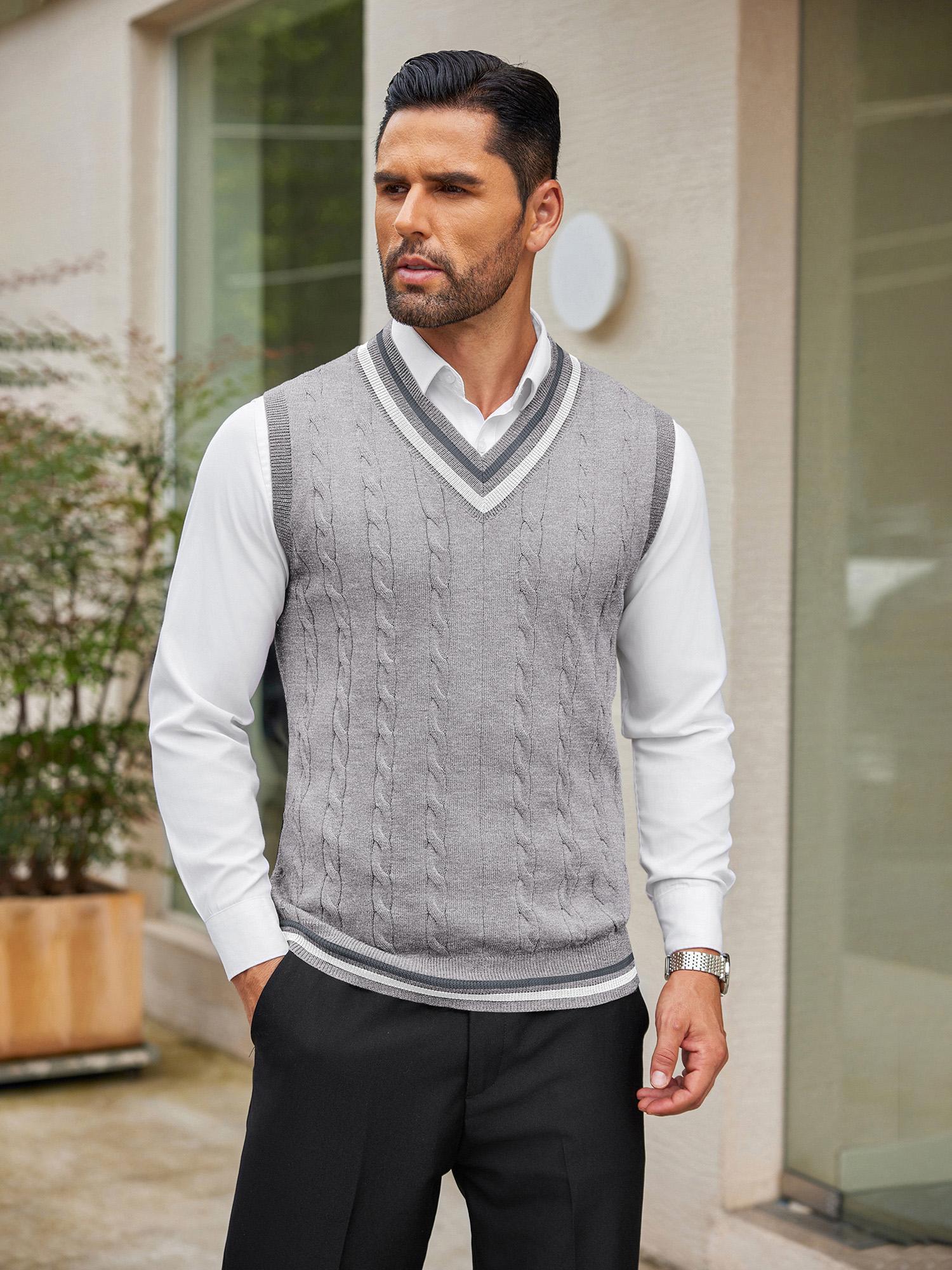 1pc *'S Casual V-Neck Sweater Vest Polyester Knit Fabric Stretch, Solid  Color, Cable Knit Pattern Fit, Regular Length, Spring/Fall S
