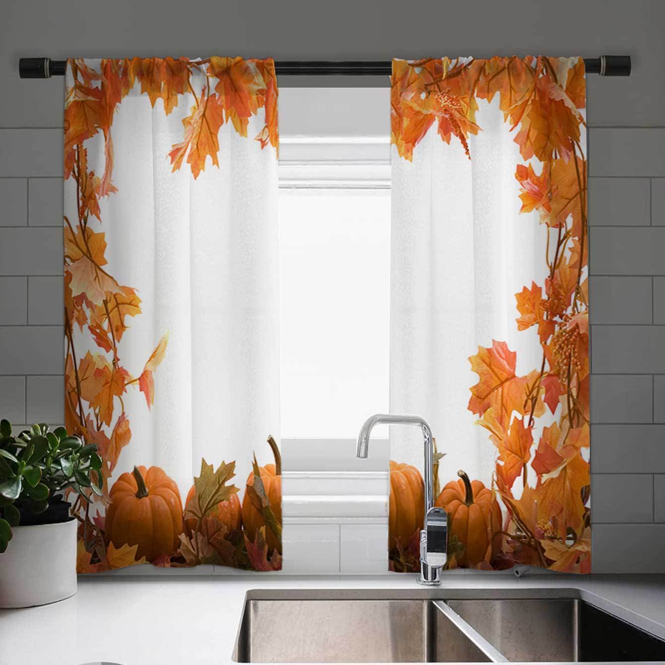 

Thanksgiving Charm: Vintage Maple Leaf & Pumpkin Print Curtains - European-inspired, Machine Washable Polyester For Kitchen, Farmhouse, Living Room & Bedroom Decor Dining Room Curtains