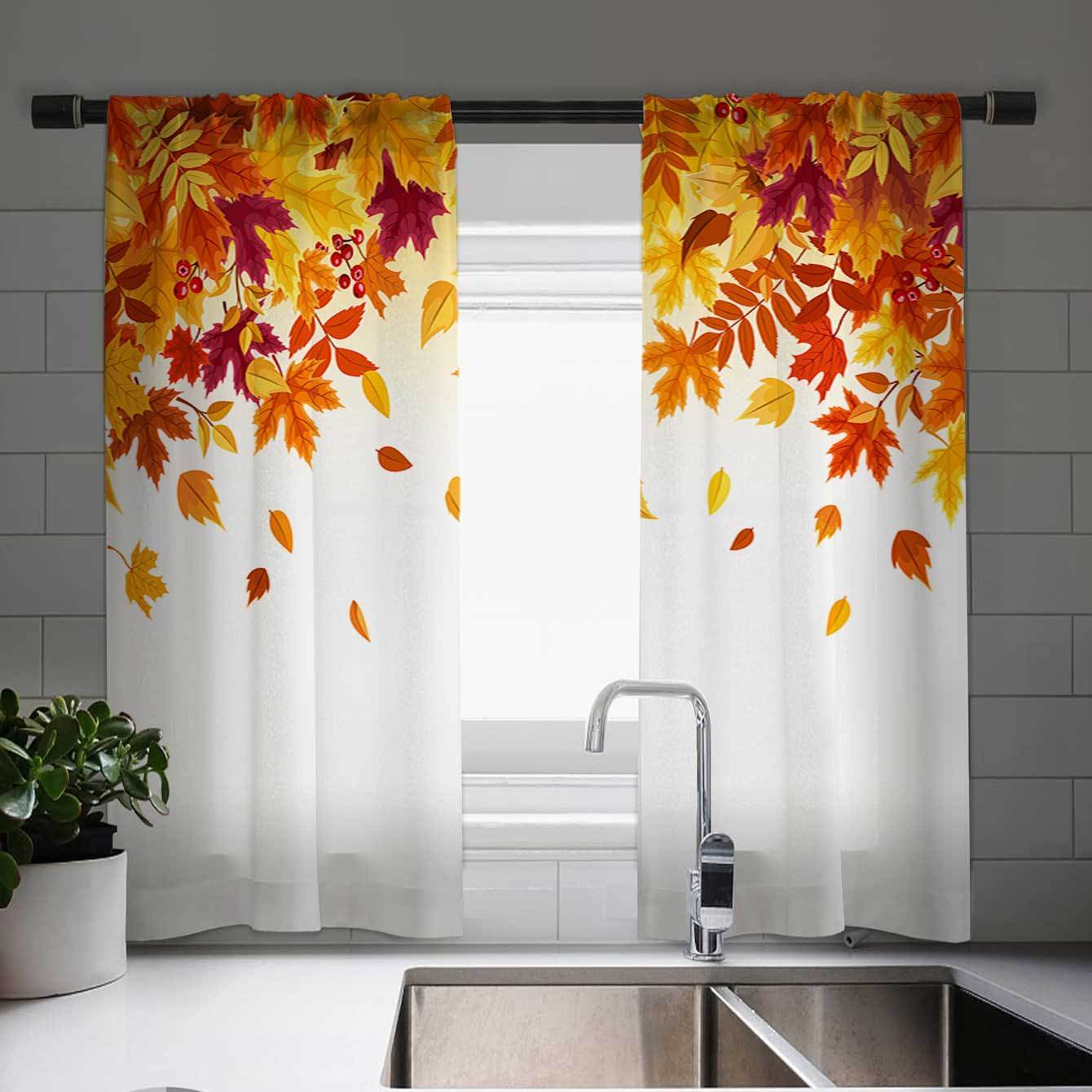 

Thanksgiving Charm: Vintage Maple Leaf & Pumpkin Print Curtains - European-inspired, Machine Washable Polyester For Kitchen, Farmhouse, Living Room & Bedroom Decor