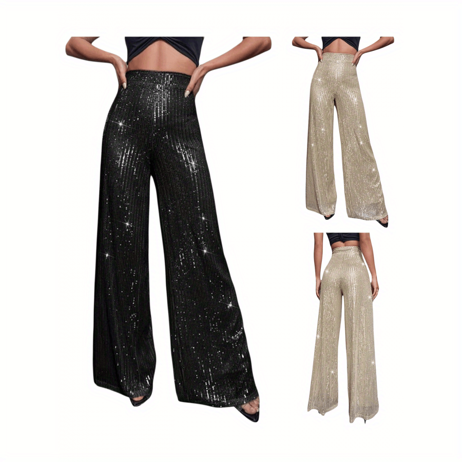 

Women Wide Leg Pants, Elegant Shiny Sequined High Waist Loose Trousers For