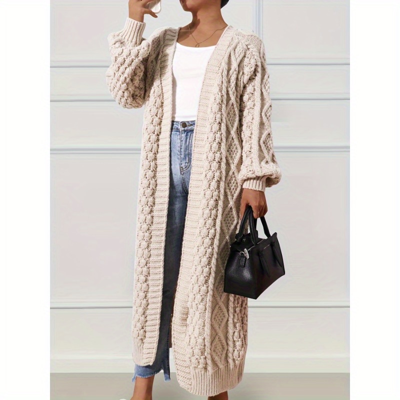 

Women's Long Sleeve Knit Cardigan, Cable Knit Open Front Sweater, Casual Long Coat, Polyester, Autumn/, Solid Color, Crew Neck, No Detail, Ladies' Fashion Knitwear