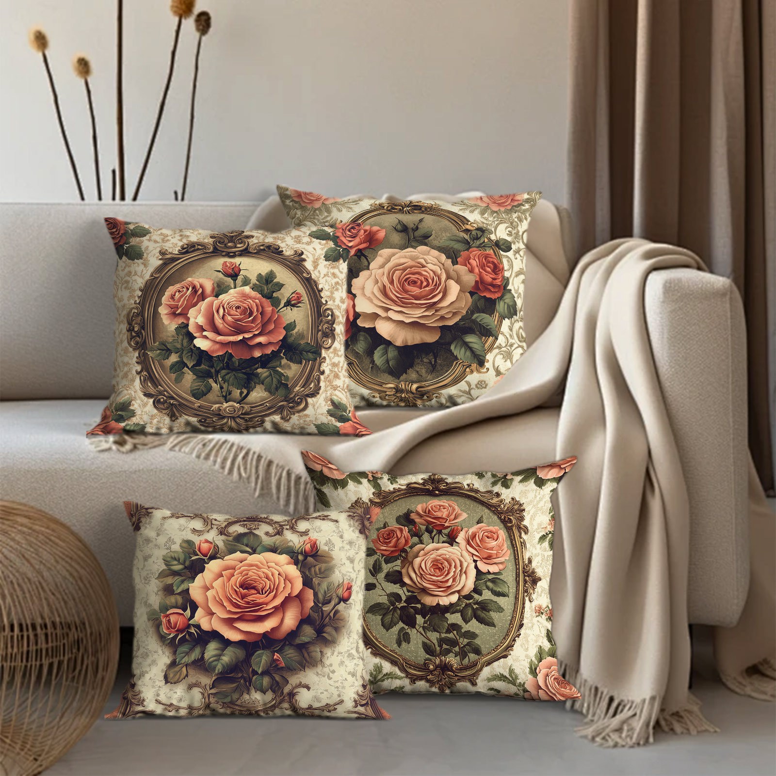 

Open, 4pcs, Rose Floral Vintage Pattern Pillowcase, Set Of Four, No Pillow , Comfortable And , Suitable For Office, Bedroom, Balcony, Car, Sofa, Yard