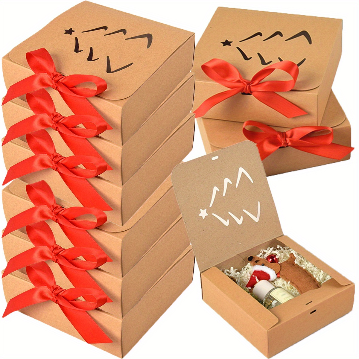 

10pcs Christmas Gift Boxes With Ribbon - Kraft Paper Cardboard Candy Goodies Wrapping Boxes For , New Year, Birthday, Wedding Party Supplies